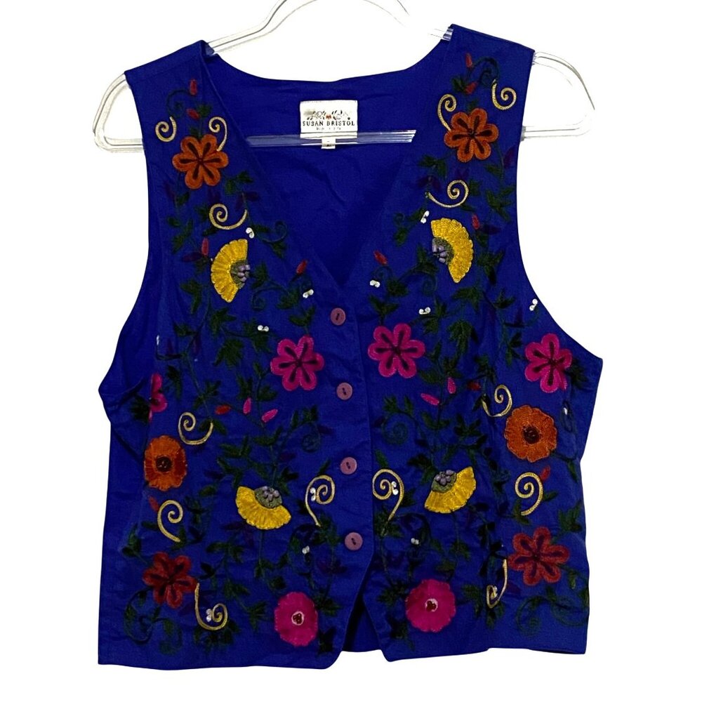 Vtg 90s Susan Bristol Dopamine‎ Beaded Embroidered Vest L Blue Bloomcore Gypsy